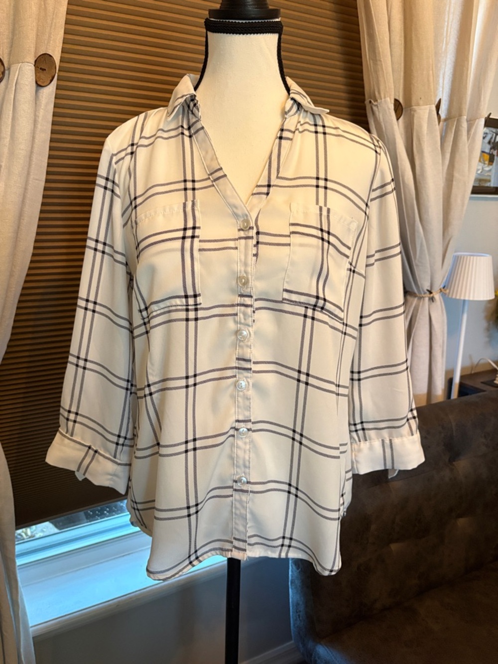 Cream Plaid Button-Front Women's Shirt
